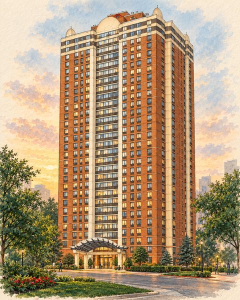 A watercolor drawing of Parkside East at 30 Newport Parkway, an orange-red brick tower of 34 floors with cream corners and a cream crown.