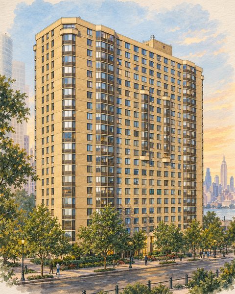 A watercolor drawing of Waterside Square South at 35 River Drive South, a tan brick building of 21 floors with glass corners.