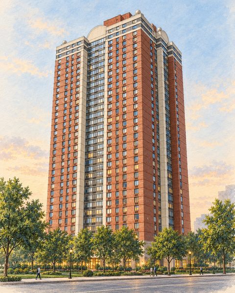 A watercolor drawing of Parkside West at 40 Newport Parkway, an orange-red brick tower of 34 floors with cream corners and a cream crown.