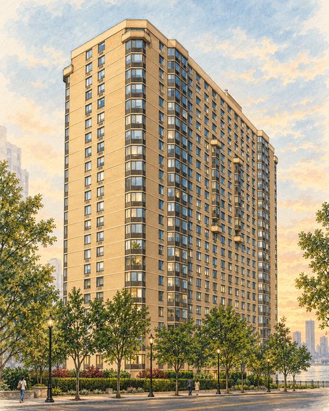 A watercolor drawing of Waterside Square North at 55 River Drive South, a tan brick building of 21 floors with glass corners.