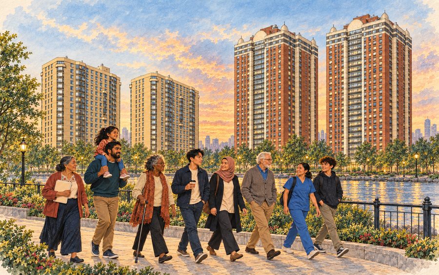 An illustration of neighbors of many ages and backgrounds walking together along the Hudson River at dusk, with four residential towers behind them.
