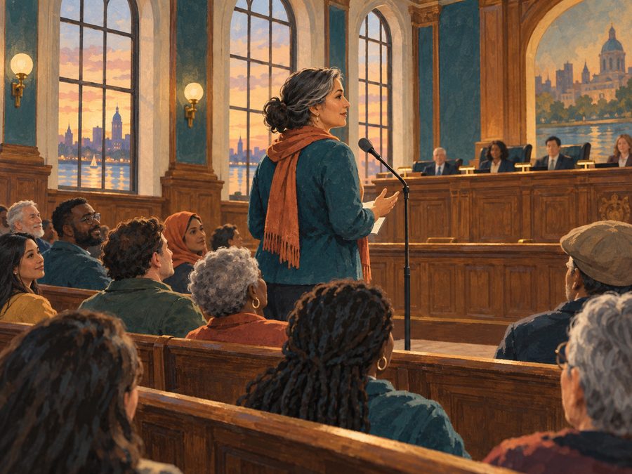 An illustration of a woman speaking at a public microphone in a council chamber while neighbors listen from the benches.