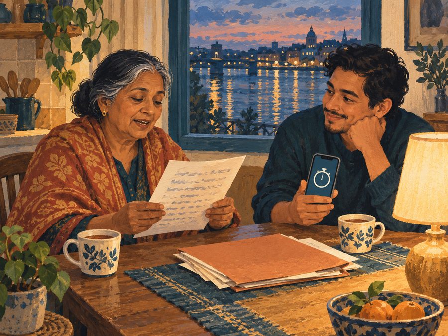An illustration of two neighbors at a kitchen table practicing a short statement.